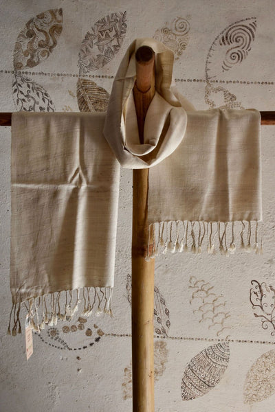 Handwoven, Naturally Dyed Pure Silk Stole - Off-White