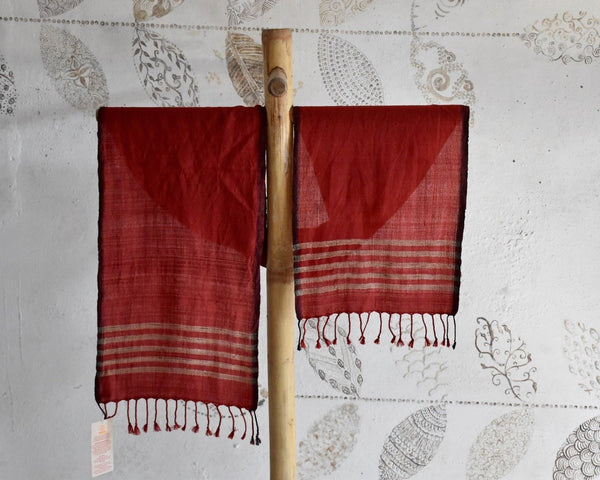 Handwoven, Naturally Dyed Pure Wool Scarf - Red and Cream