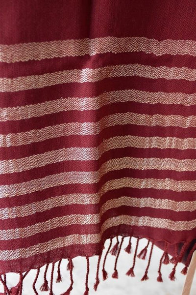 Handwoven, Naturally Dyed Pure Wool Shawl - Red with Cream Stripes