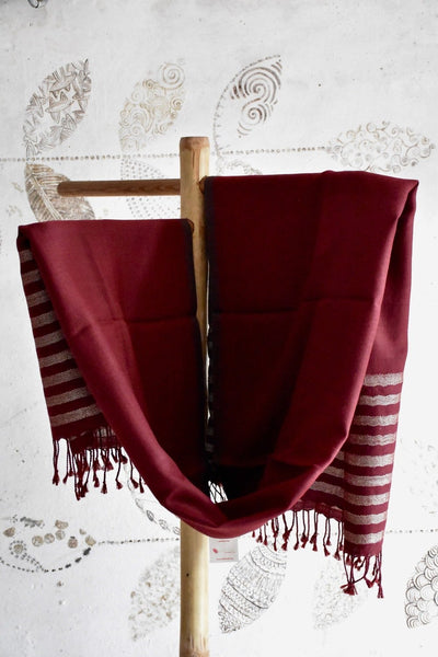 Handwoven, Naturally Dyed Pure Wool Shawl - Red with Cream Stripes