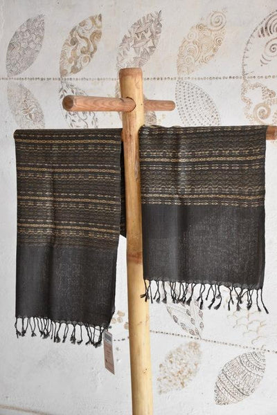 Handwoven, Naturally Dyed Pure Wool Stole - Grey and Cream