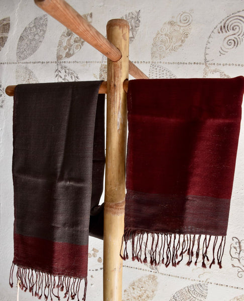 Handwoven, Naturally Dyed Pure Wool Stole - Maroon with Grey Border