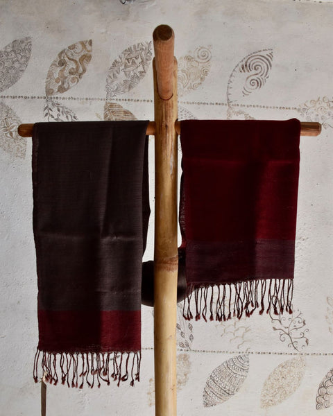 Handwoven, Naturally Dyed Pure Wool Stole - Maroon with Grey Border