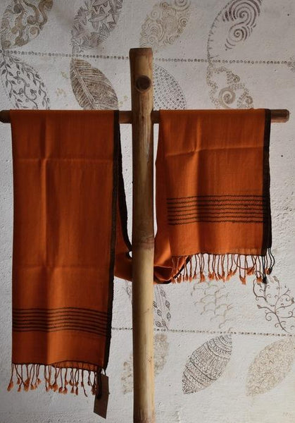 Handwoven, Naturally Dyed Pure Wool Stole - Orange and Black