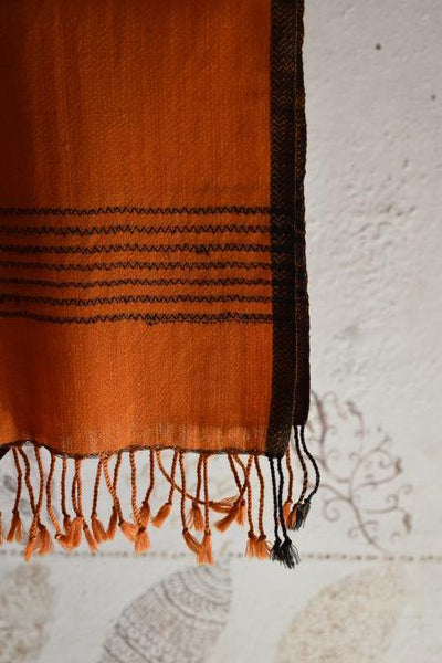 Handwoven, Naturally Dyed Pure Wool Stole - Orange and Black