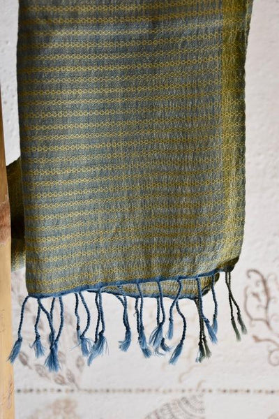 Handwoven, Naturally Dyed Pure Wool Stole - Blue and Yellow