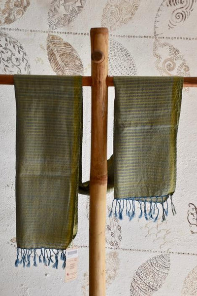 Handwoven, Naturally Dyed Pure Wool Stole - Blue and Yellow