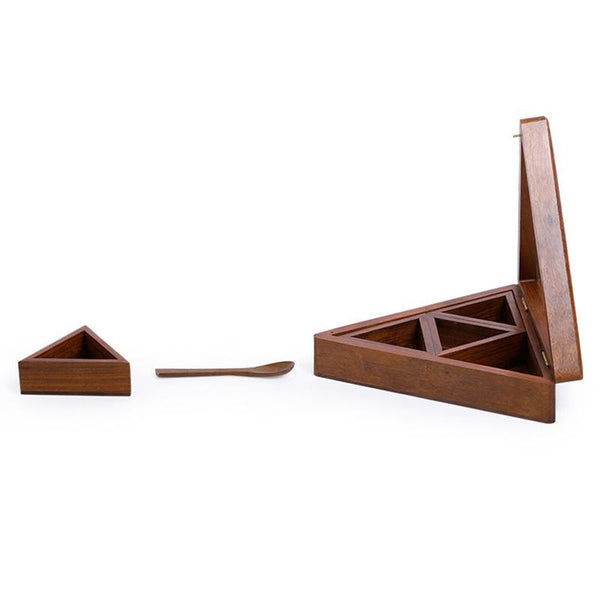 Hand-Carved Sheesham Wood Spice Box - Pyramid-Shaped created by Traditional Artisans