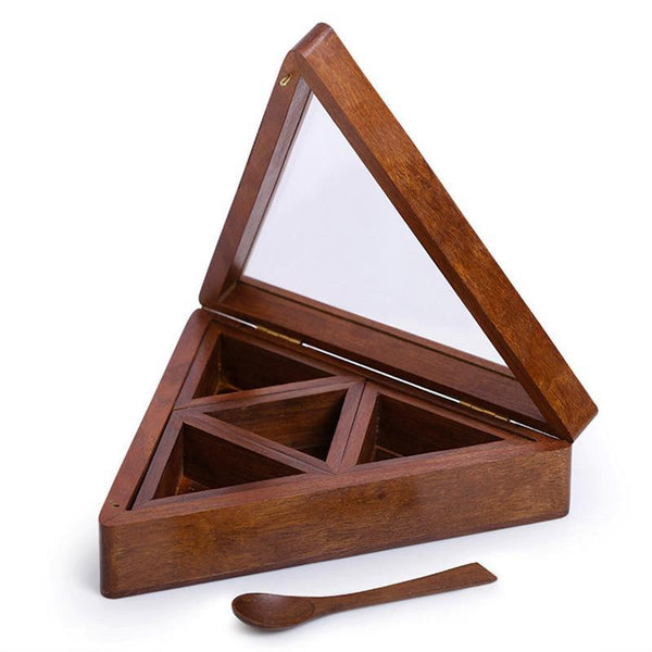 Hand-Carved Sheesham Wood Spice Box - Pyramid-Shaped created by Traditional Artisans