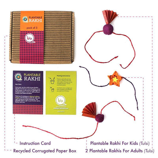Eco-Friendly Rakhi Box Set with 3 Plantable Seed Rakhis (2 Adults + 1 Kids)