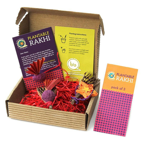 Eco-Friendly Rakhi Box Set with 3 Plantable Seed Rakhis (2 Adults + 1 Kids)