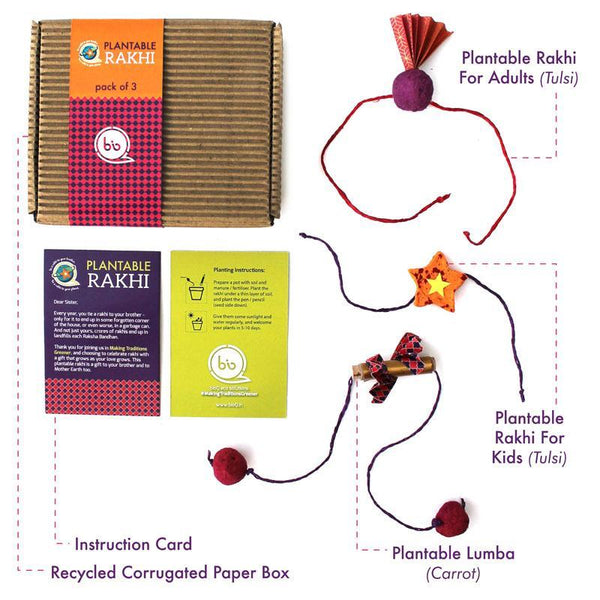Eco-Friendly Rakhi Box Set with 2 Plantable Seed Rakhis (1 Adult + 1 Kid), 1 Plantable Seed Lumba