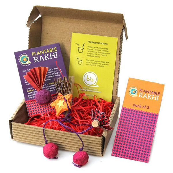 Eco-Friendly Rakhi Box Set with 2 Plantable Seed Rakhis (1 Adult + 1 Kid), 1 Plantable Seed Lumba