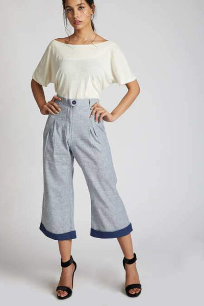Women's Hemp Calf Length Pants - Blue Melange