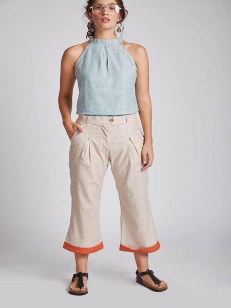 Women's Hemp Calf Length Pants - Rust Stripes
