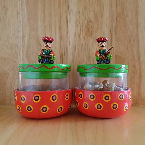 Handcarved Wooden Chutney Jars in Banarasi Woodwork (Set of 2)