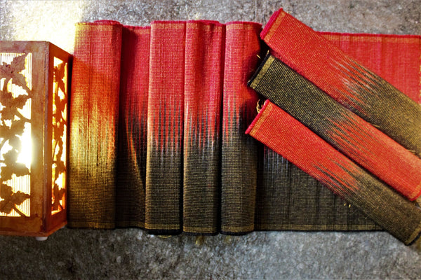 Set of Handwoven Hibiscus Fibre Runner and 6 Placemats (Red and Black)