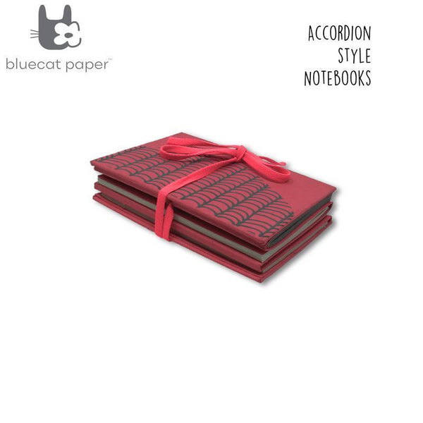 Red Accordion Style Handmade Paper Journal with Grey Wave Print (4 sets of 18 pages each)
