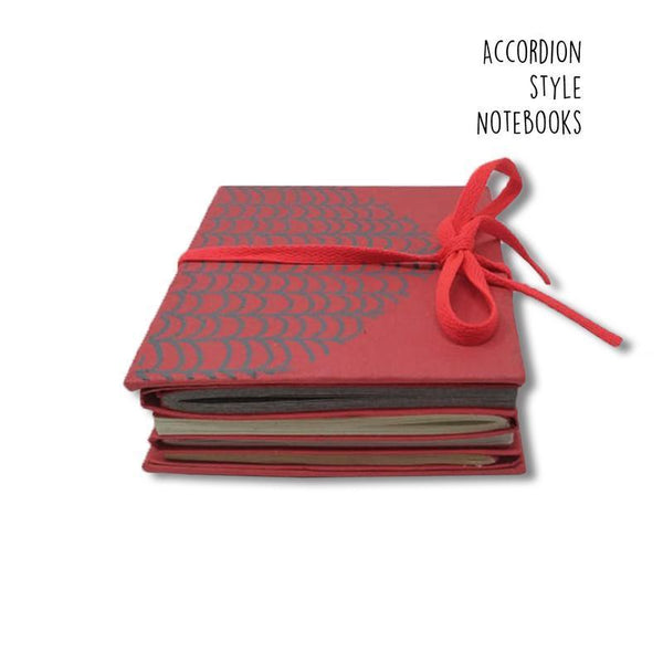 Red Accordion Style Handmade Paper Journal with Grey Wave Print (4 sets of 18 pages each)