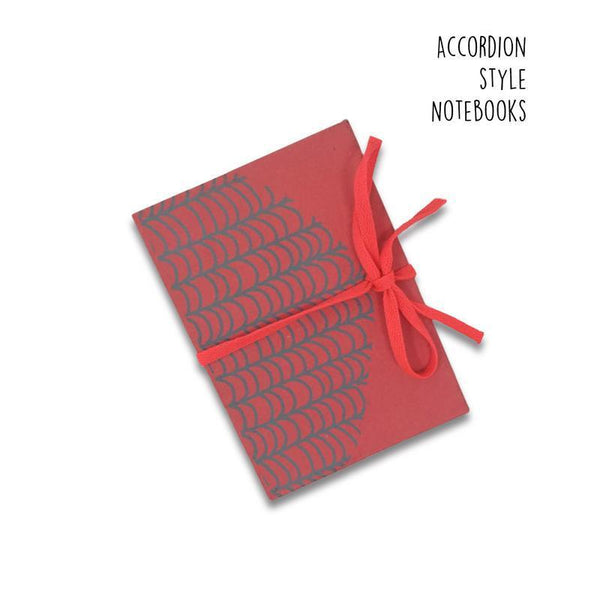Red Accordion Style Handmade Paper Journal with Grey Wave Print (4 sets of 18 pages each)