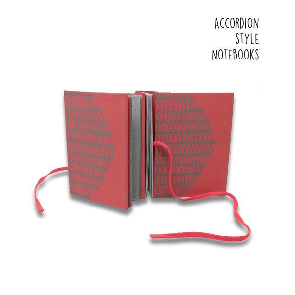 Red Accordion Style Handmade Paper Journal with Grey Wave Print (4 sets of 18 pages each)