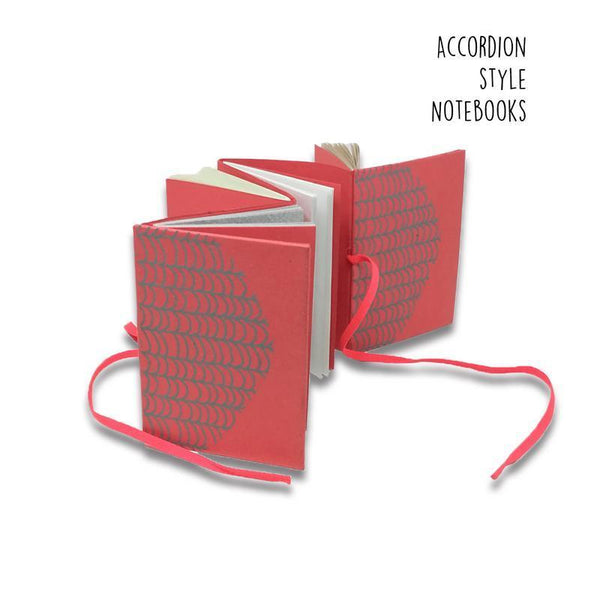 Red Accordion Style Handmade Paper Journal with Grey Wave Print (4 sets of 18 pages each)