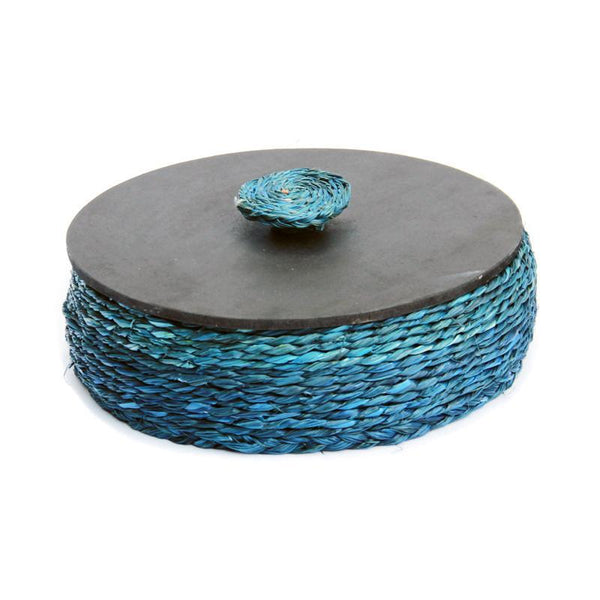 Handcrafted Natural Fibre Roti Box With Wooden Lid - Blue