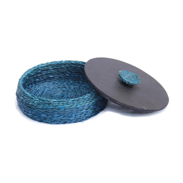 Handcrafted Natural Fibre Roti Box With Wooden Lid - Blue