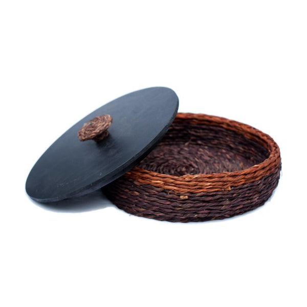 Handcrafted Natural Fibre Roti Box With Wooden Lid - Brown