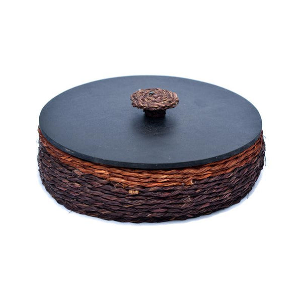 Handcrafted Natural Fibre Roti Box With Wooden Lid - Brown