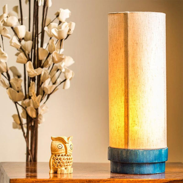 Round Wooden Table Lamp Created by Traditional Artisans - Blue
