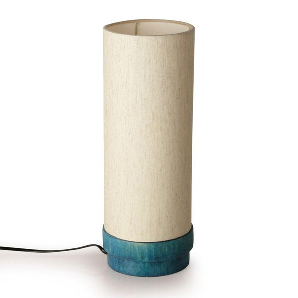 Round Wooden Table Lamp Created by Traditional Artisans - Blue