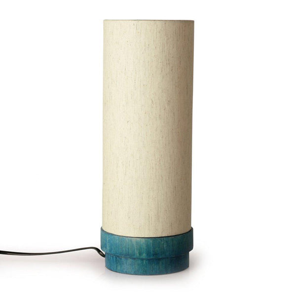 Round Wooden Table Lamp Created by Traditional Artisans - Blue
