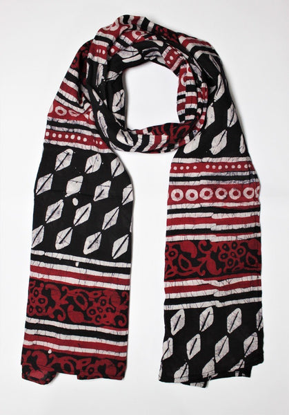 Cotton Mul HandBlock Printed Batik Stole - Black and Red (COSTHOBO-BLRE)