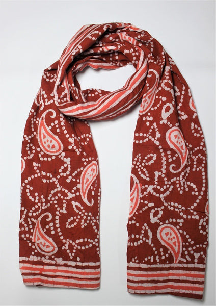 Cotton Mul HandBlock Printed Batik Stole - Brown and Peach (COSTPAI-BRPE)