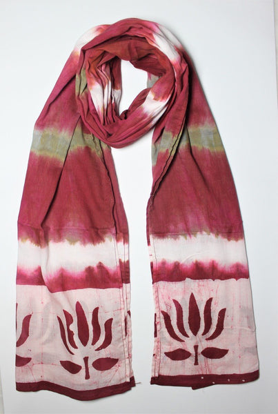 Cotton Mul HandBlock Printed Batik Stole - Wine, White and Olive (COSTTDLO-PKKH)
