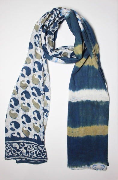 Cotton Mul HandBlock Printed Batik Stole - Blue and Beige (COSTTDPA-BLKH)