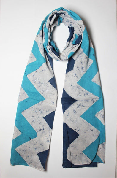 Cotton Mul HandBlock Printed Batik Stole - Blue and White (COSTZGZG-BLWH)