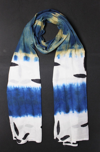Cotton Mul HandBlock Printed Batik Stole - Blue, Beige, Black and White (COSTTDLE-BLKH)