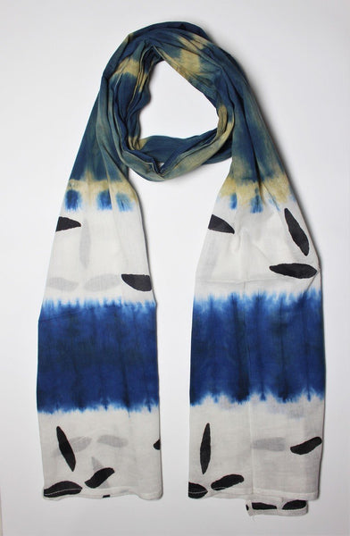 Cotton Mul HandBlock Printed Batik Stole - Blue, Beige, Black and White (COSTTDLE-BLKH)