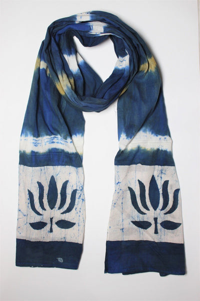 Cotton Mul HandBlock Printed Batik Stole - Blue, Beige, Black and White (COSTTDLO-BLKH)
