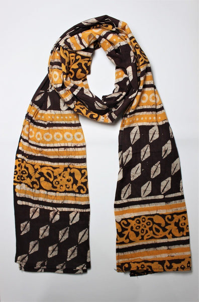 Cotton Mul HandBlock Printed Batik Stole - Brown and Yellow (COSTHOBO-BRYE)