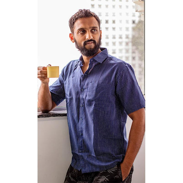 Men's Handwoven Khadi Half Sleeve Shirt - Indigo and White Stripes