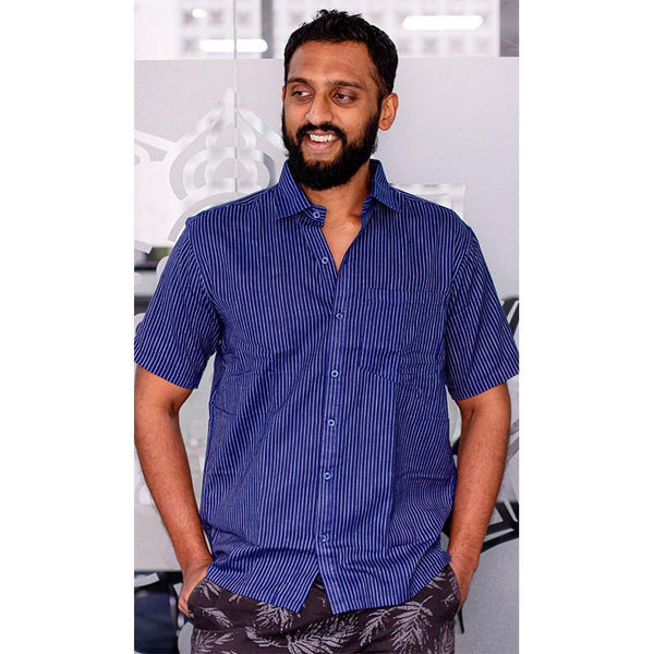 Men's Handwoven Khadi Half Sleeve Shirt - Indigo and White Stripes