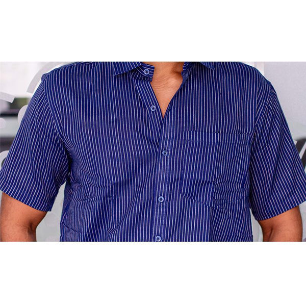 Men's Handwoven Khadi Half Sleeve Shirt - Indigo and White Stripes
