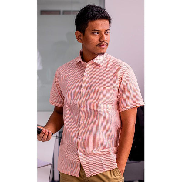 Men's Handwoven Khadi Half Sleeve Shirt -  Orange and White Stripes