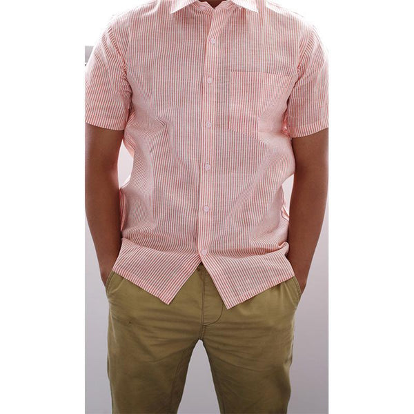 Men's Handwoven Khadi Half Sleeve Shirt -  Orange and White Stripes