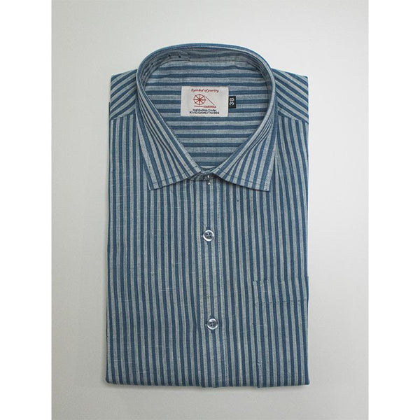 Men's Handwoven Khadi Half Sleeve Shirt - Blue and White Stripes