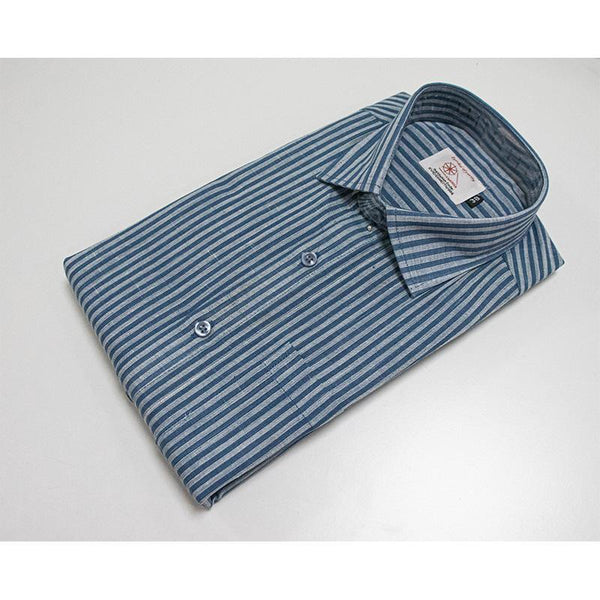 Men's Handwoven Khadi Half Sleeve Shirt - Blue and White Stripes