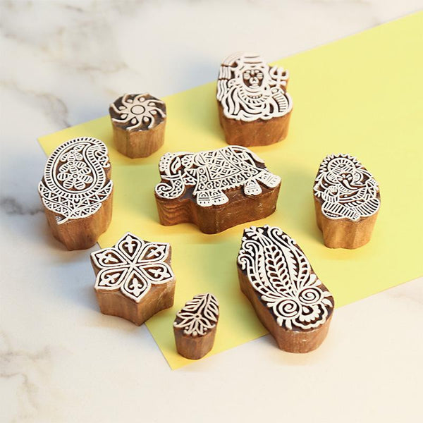 Mughal Pattern Hand Carved Wooden Printing Stamp Blocks Created by Traditional Artisans (CEN-WB-001) - Set of 8